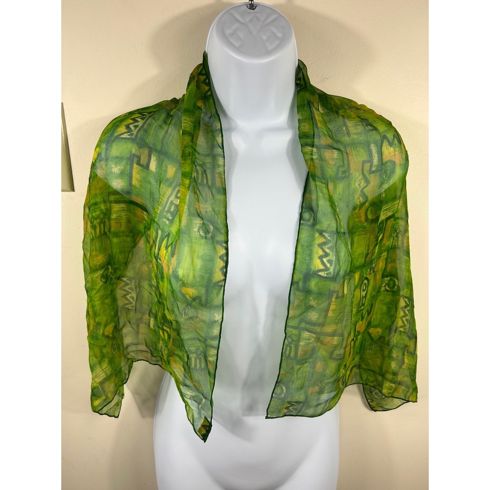 VTG Silk Chiffon Scarf Womens Green Abstract Geometric Hand Rolled Japan